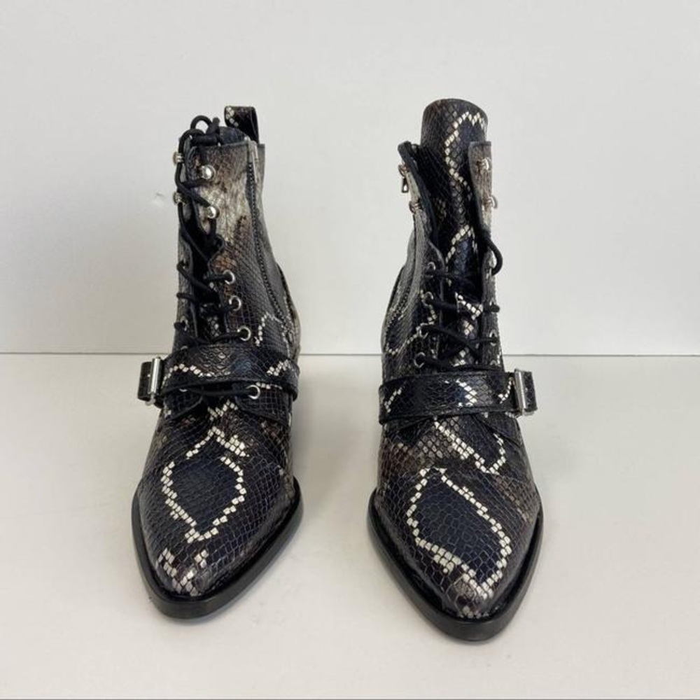 AllSaints Katy Snake Print Leather Block Heel Lace Up Ankle Boots with Buckle